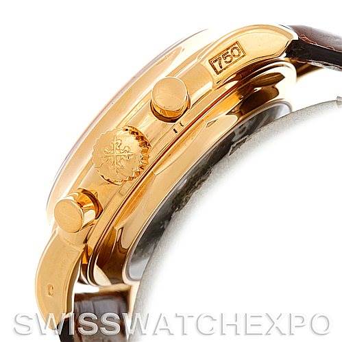 This image shows the side view of the 18K Yellow Gold Patek Philippe 3970 Men's Yellow Gold Silver Dial 3970 Men's Yellow Gold Silver Dial Perpetual Calendar Chronograph Watch 3970, highlighting the crown and pushers.