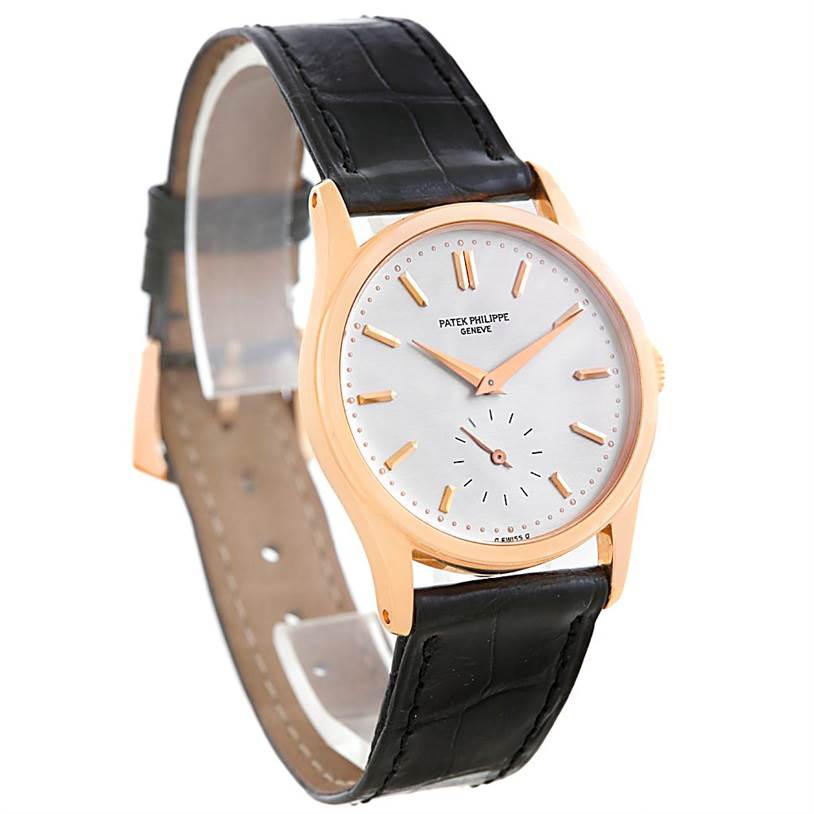 This image shows a Patek Philippe Vintage 3796 Men's Rose Gold Silver Dial 3796 Men's Rose Gold Silver Dial watch angled from the front-left, featuring the face, hands, case, and leather strap.