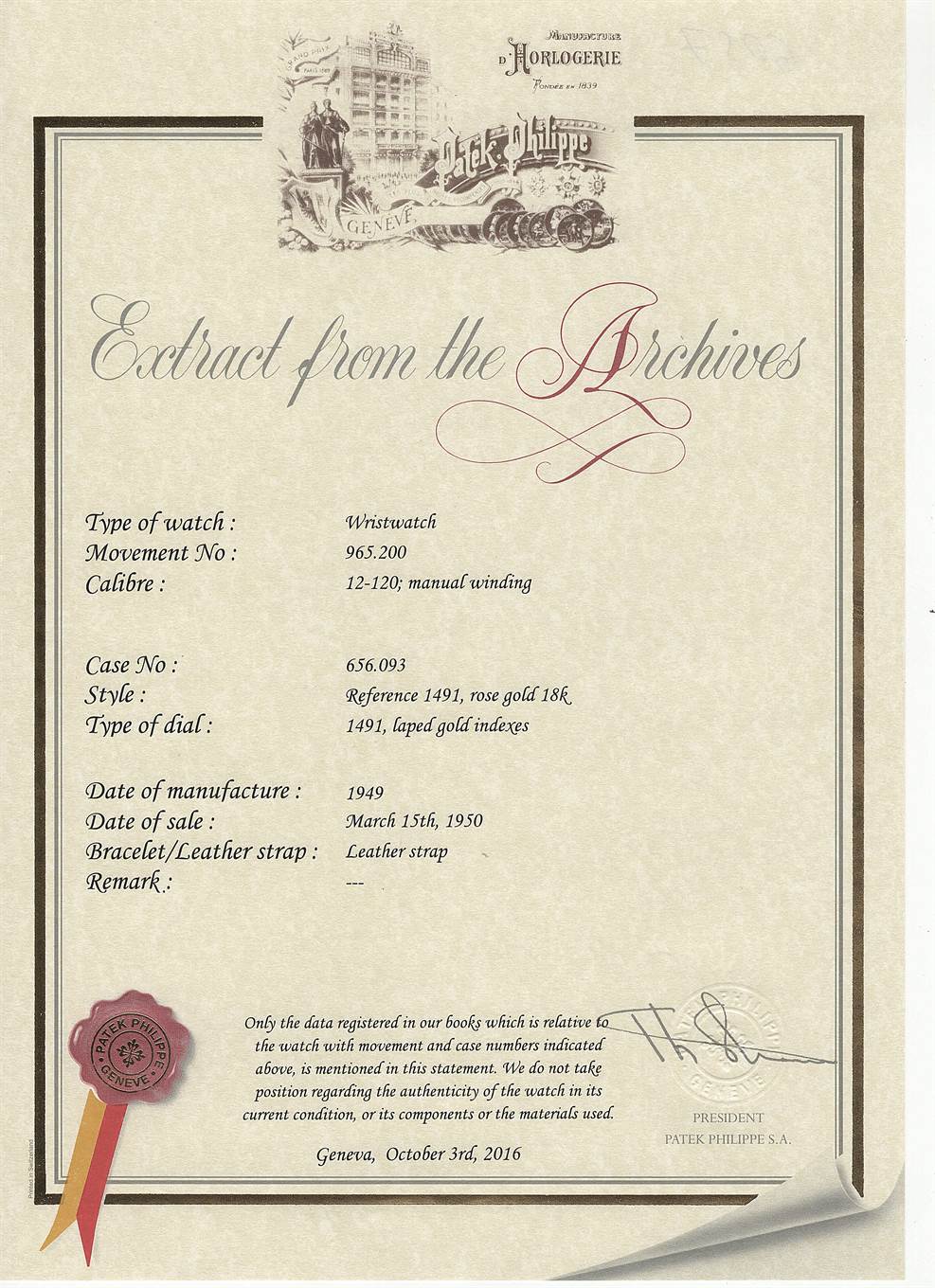 The image shows a certificate titled "Extract from the Archives" by Patek Philippe for a vintage Reference 1491 wristwatch.