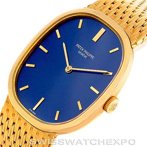 This image shows a close-up angle of the Patek Philippe Golden Ellipse 3548/1 Men's Yellow Gold Blue Dial 3548/1 Men's Yellow Gold Blue Dial watch, highlighting its blue dial and gold bracelet.