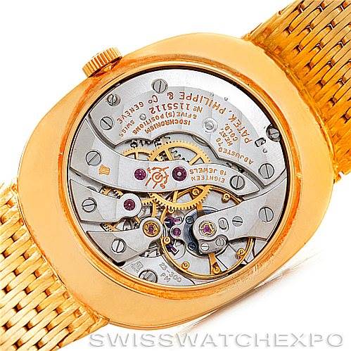 This image shows the back view of a Patek Philippe Golden Ellipse 3548/1 Men's Yellow Gold Blue Dial 3548/1 Men's Yellow Gold Blue Dial watch, highlighting its movement and internal components.