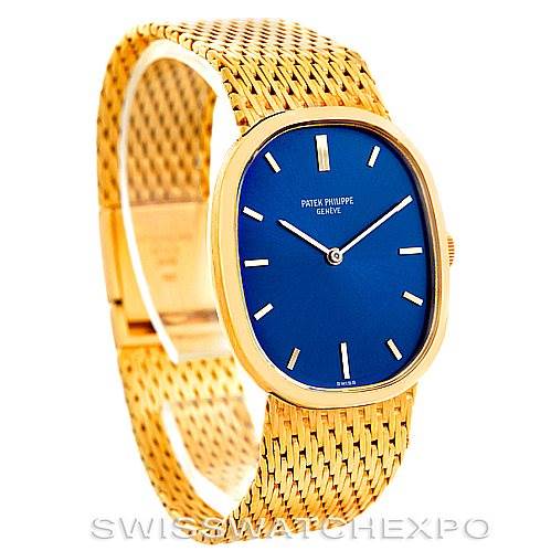 The image shows a front angle of the Patek Philippe Golden Ellipse 3548/1 Men's Yellow Gold Blue Dial 3548/1 Men's Yellow Gold Blue Dial watch, highlighting its blue dial, gold case, and gold mesh bracelet.