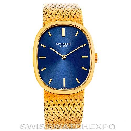 The image shows a front view of the Patek Philippe Golden Ellipse 3548/1 Men's Yellow Gold Blue Dial 3548/1 Men's Yellow Gold Blue Dial watch, highlighting its blue dial and gold mesh band.
