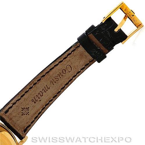 The image shows the buckle and leather strap of a Vintage Patek Philippe watch from a close-up angle.