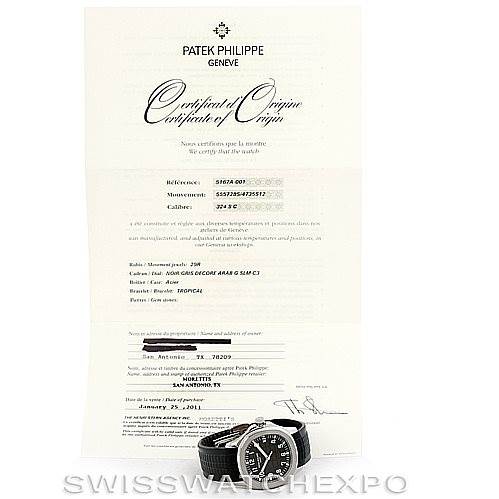 The image shows a Patek Philippe Aquanaut 5167A Men's Stainless Steel Black Dial 5167A Men's Stainless Steel Black Dial watch placed in front of its Certificate of Origin document.