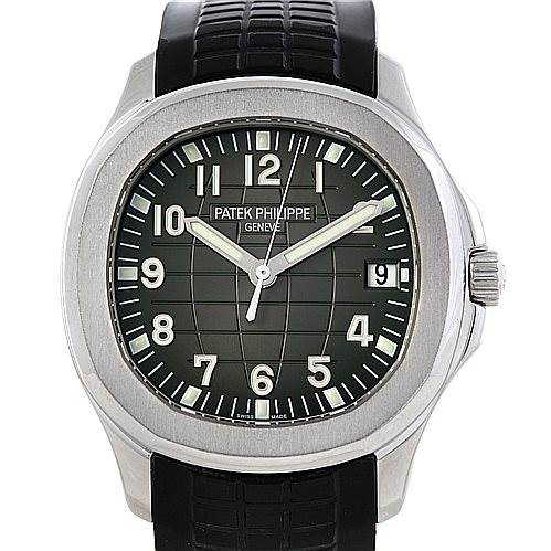This image shows a frontal view of the Patek Philippe Aquanaut 5167A Men's Stainless Steel Black Dial 5167A Men's Stainless Steel Black Dial watch, displaying the face, dial, and part of the strap.
