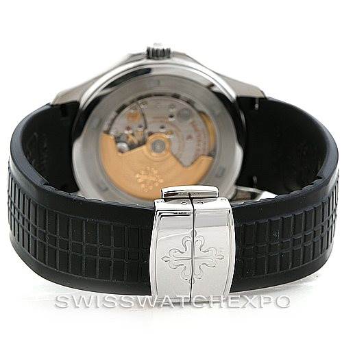 The image shows the back view of a Patek Philippe Aquanaut 5167A Men's Stainless Steel Black Dial 5167A Men's Stainless Steel Black Dial watch, highlighting its movement and clasp.