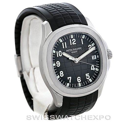 This image shows a Patek Philippe Aquanaut 5167A Men's Stainless Steel Black Dial 5167A Men's Stainless Steel Black Dial watch at a slight angle, highlighting the black dial, rubber strap, and steel case.