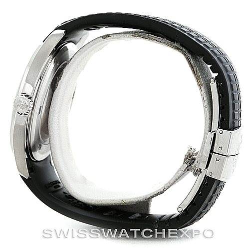 Side view of the Patek Philippe Aquanaut 5167A Men's Stainless Steel Black Dial 5167A Men's Stainless Steel Black Dial watch showing its case, crown, and black rubber strap with clasp.