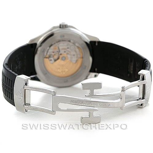 The image shows the backside and clasp of a Patek Philippe Aquanaut 5167A Men's Stainless Steel Black Dial 5167A Men's Stainless Steel Black Dial watch, highlighting its deployment clasp and visible movement.