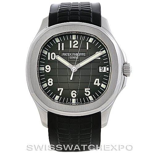 This is a front view of a Patek Philippe Aquanaut 5167A Men's Stainless Steel Black Dial 5167A Men's Stainless Steel Black Dial watch featuring its dial, bezel, and black rubber strap.