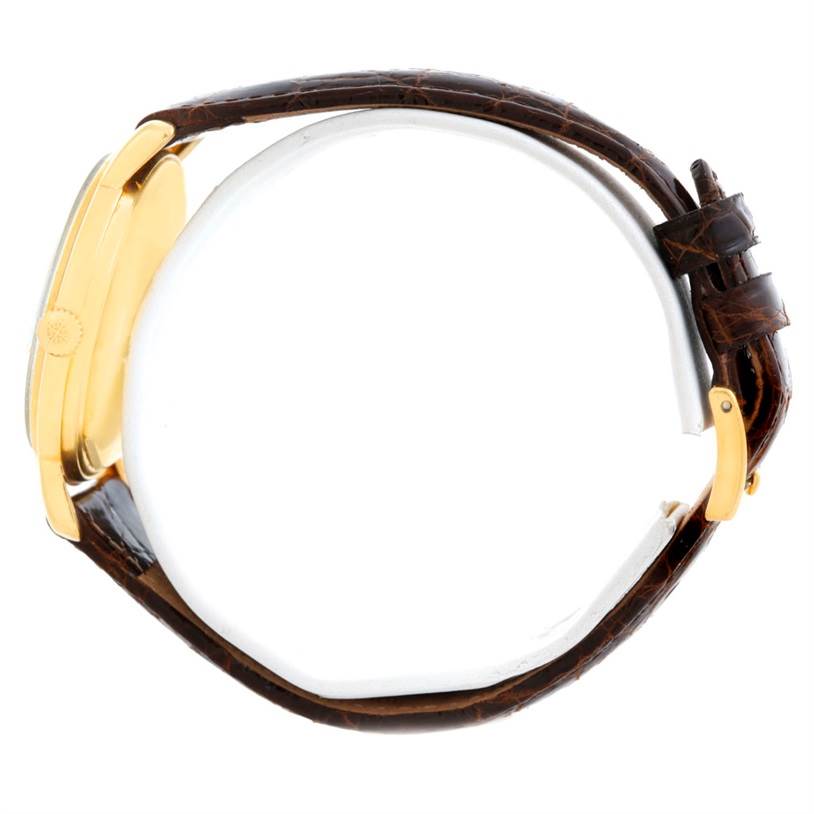 The image shows a side view of the Vintage Patek Philippe watch highlighting its gold case and brown leather strap.