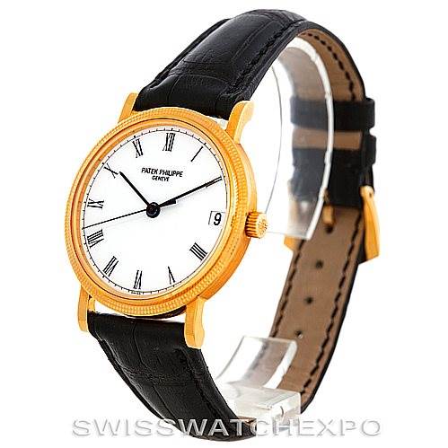 The image shows a Patek Philippe Calatrava 3802 Men's Yellow Gold White Dial 3802 Men's Yellow Gold White Dial watch at a slight angle, highlighting its face, strap, and side profile.