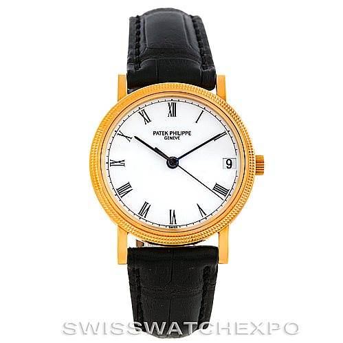 The image shows a front view of a Patek Philippe Calatrava 3802 Men's Yellow Gold White Dial 3802 Men's Yellow Gold White Dial watch with a white dial and black leather strap.