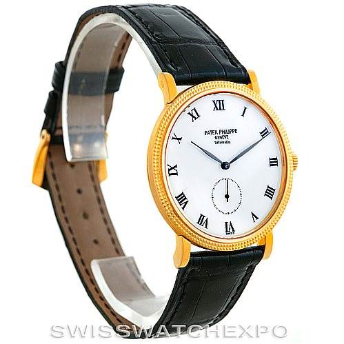 This image shows a side and front view of the Patek Philippe Calatrava 3919 Men's Yellow Gold White Dial 3919 Men's Yellow Gold White Dial watch, highlighting its gold case, black leather strap, and white dial with Roman numerals.