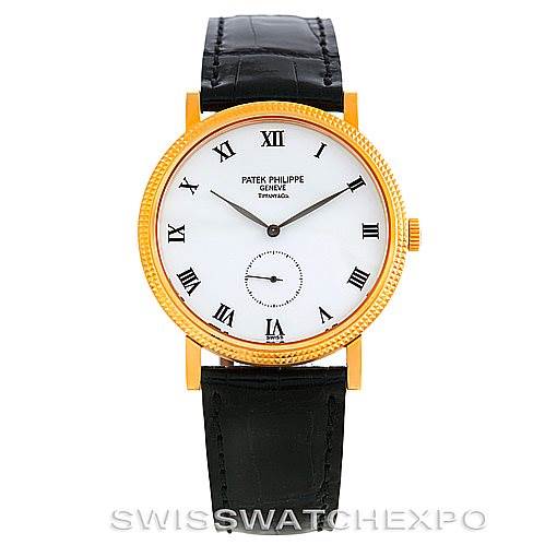 This image shows a frontal view of a Patek Philippe Calatrava 3919 Men's Yellow Gold White Dial 3919 Men's Yellow Gold White Dial watch, featuring a gold case, white dial, and black leather strap.