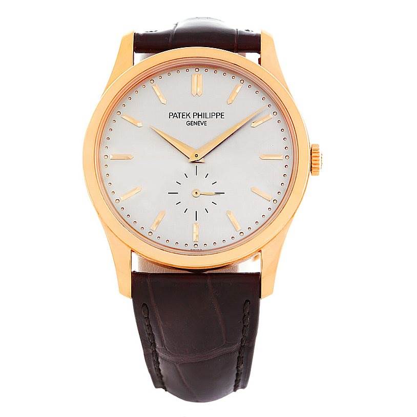 The image shows a front view of the Patek Philippe Calatrava 5196R Men's Rose Gold Silver Dial 5196R Men's Rose Gold Silver Dial watch, featuring its dial, hands, and leather strap.