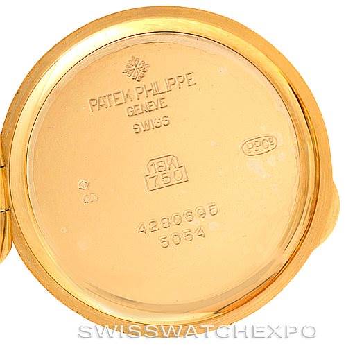 The image shows the inner back case of a Patek Philippe Complications 5054 Men's Yellow Gold White Dial 5054 Men's Yellow Gold White Dial model watch.