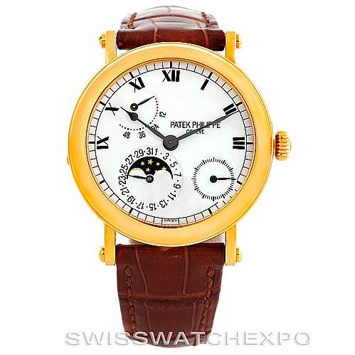 This image shows a frontal view of the Patek Philippe Complications 5054 Men's Yellow Gold White Dial 5054 Men's Yellow Gold White Dial watch, showcasing the dial, hands, complications, and leather strap.