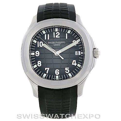 The image shows a frontal view of the Patek Philippe Aquanaut 5167A Men's Stainless Steel Black Dial 5167A Men's Stainless Steel Black Dial watch, highlighting its black dial and rubber strap.