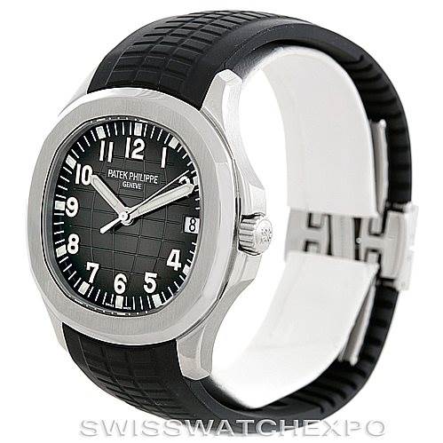 The image shows a Patek Philippe Aquanaut 5167A Men's Stainless Steel Black Dial 5167A Men's Stainless Steel Black Dial watch from an angled side and front view, highlighting the dial, bezel, and rubber strap.