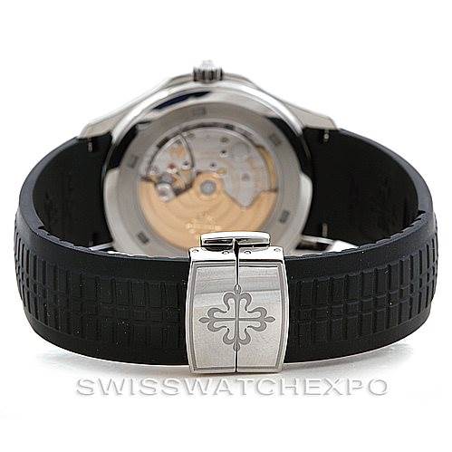 The image shows the back view of the Patek Philippe Aquanaut 5167A Men's Stainless Steel Black Dial 5167A Men's Stainless Steel Black Dial watch, focusing on the movement and the black rubber strap clasp.
