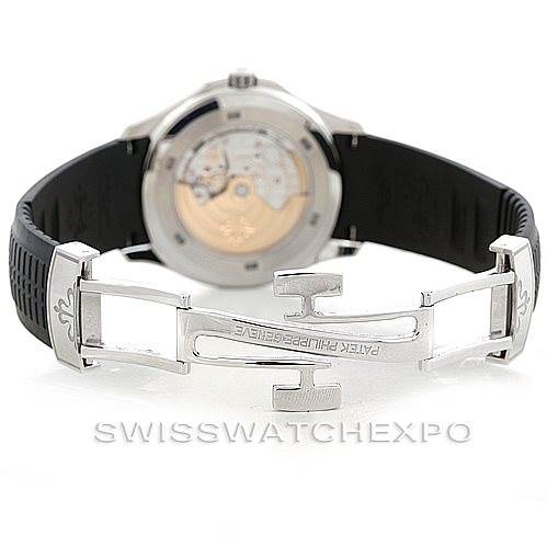 The image shows the back view of a Patek Philippe Aquanaut 5167A Men's Stainless Steel Black Dial 5167A Men's Stainless Steel Black Dial watch, highlighting the clasp and movement through the transparent case back.