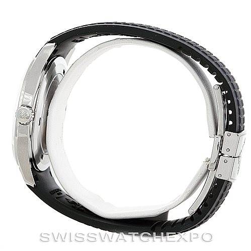 This image shows a side view of the Patek Philippe Aquanaut 5167A Men's Stainless Steel Black Dial 5167A Men's Stainless Steel Black Dial watch, highlighting its case, crown, and rubber strap with a clasp.