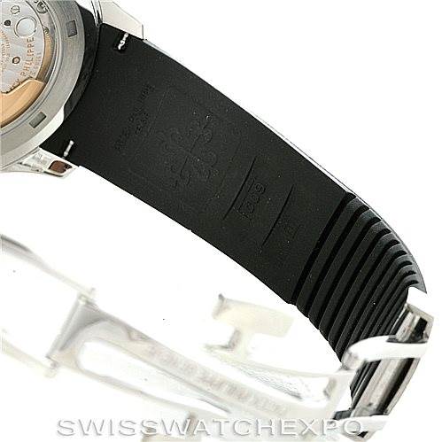 The image shows a partial view of the back of a Patek Philippe Aquanaut 5167A Men's Stainless Steel Black Dial 5167A Men's Stainless Steel Black Dial watch, focusing on the rubber strap and stainless steel clasp.