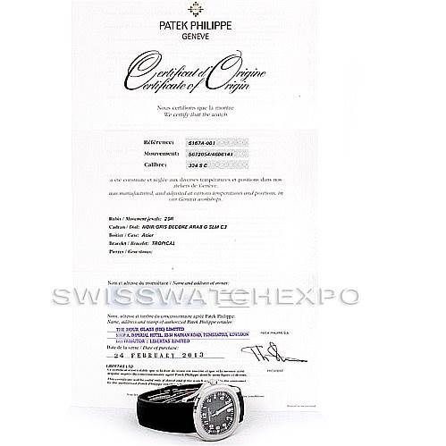 The image shows a Patek Philippe Aquanaut 5167A Men's Stainless Steel Black Dial 5167A Men's Stainless Steel Black Dial model watch from a front angle and its accompanying Certificate of Origin.