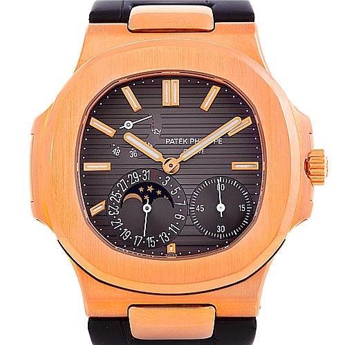 This image shows a front view of a Patek Philippe Nautilus 5712R Men's Rose Gold  5712R Men's Rose Gold  watch, highlighting its dial, case, and strap.