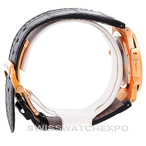 The image shows a side view of a Patek Philippe Nautilus 5712R Men's Rose Gold  5712R Men's Rose Gold  watch, highlighting the case, strap, and clasp.