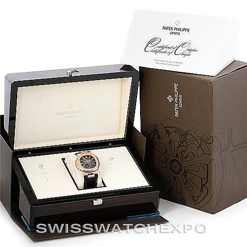 The image shows a Patek Philippe Nautilus 5712R Men's Rose Gold  5712R Men's Rose Gold  watch in its presentation box, with the outer box and certificate of origin displayed.