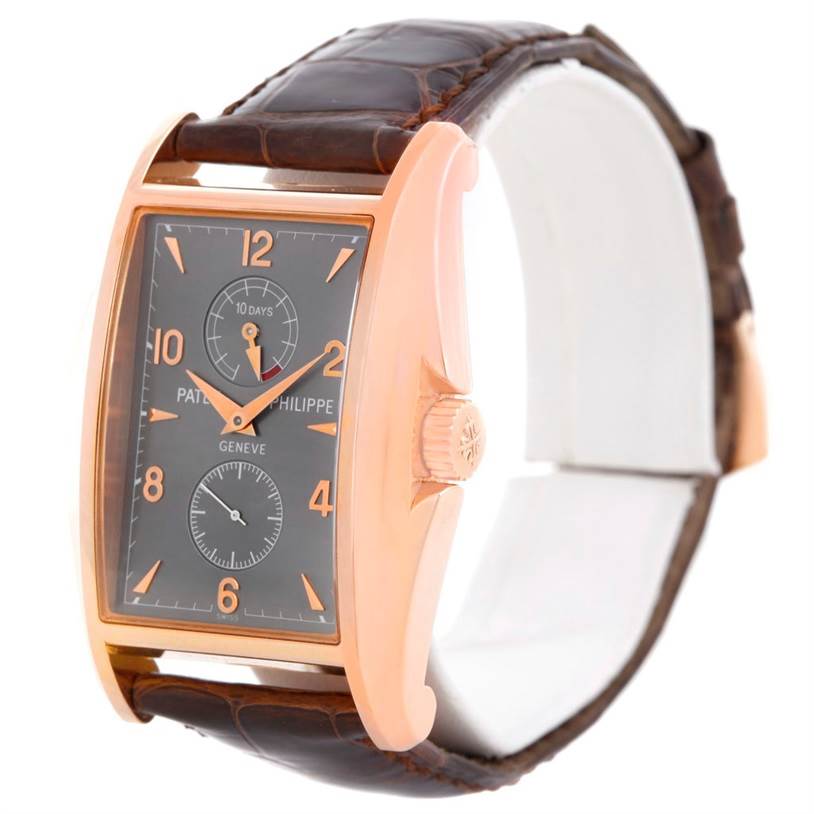 The Patek Philippe 5100R Men's Rose Gold Grey Dial 5100R Men's Rose Gold Grey Dial Manta Ray Rose Gold 10 Day Power Reserve Watch LE 5100R is shown from an angled front view displaying its face and strap.