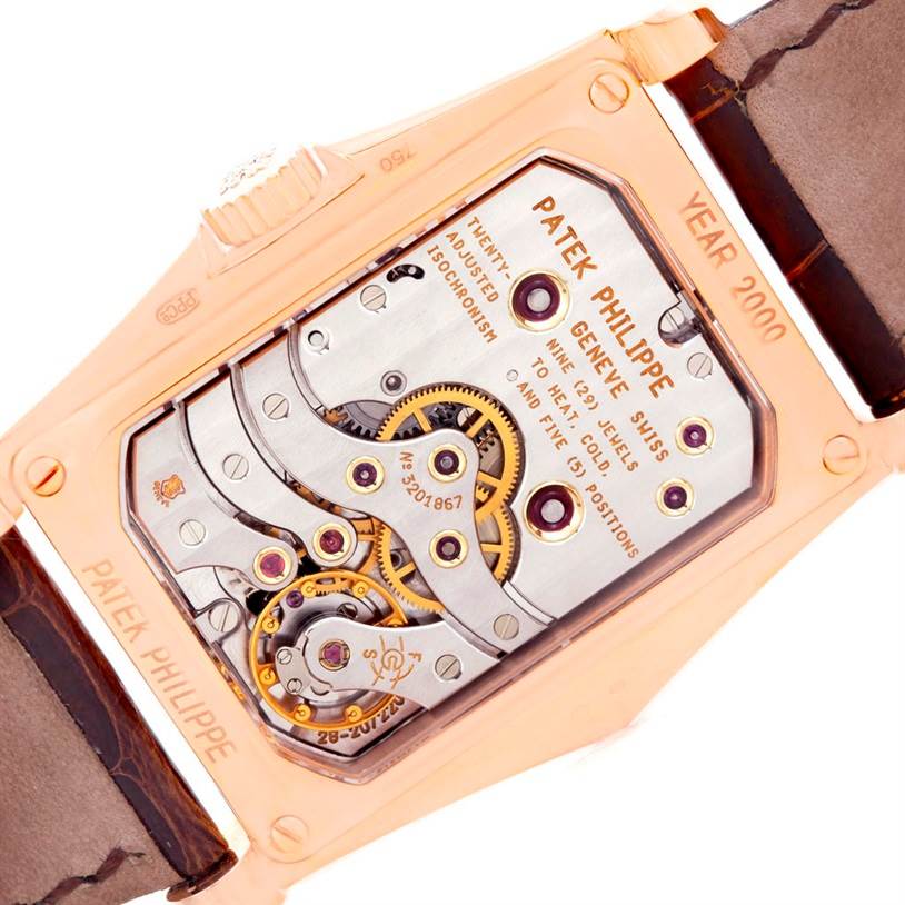 This image shows the backside of the Patek Philippe 5100R Men's Rose Gold Grey Dial 5100R Men's Rose Gold Grey Dial Manta Ray Rose Gold 10 Day Power Reserve Watch LE 5100R model, revealing the intricate movement and mechanisms.
