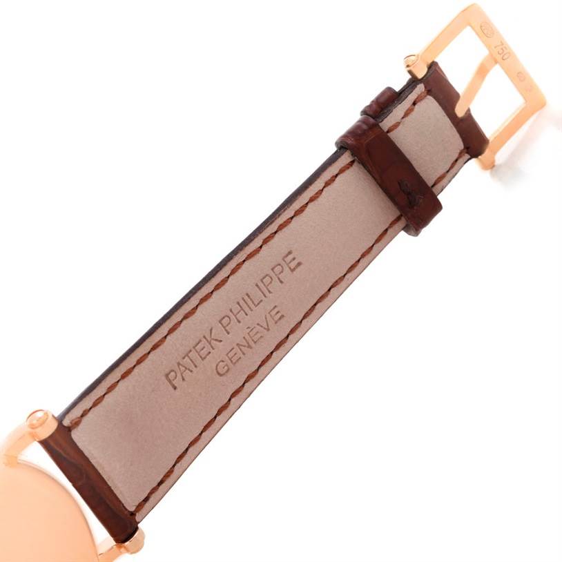 The image shows the underside of the strap and buckle of the Patek Philippe 5054 Men
s Rose Gold White Dial 5054 Men
s Rose Gold White Dial Power Reserve Moonphase Rose Gold Watch 5054 Papers model.
