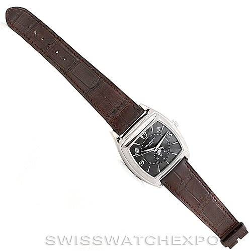 This image shows an overhead view of the Patek Philippe 5135G Men's White Gold Black Dial 5135G Men's White Gold Black Dial Complicated Annual Calendar Men's Watch 5135G model, highlighting the dial and brown strap.