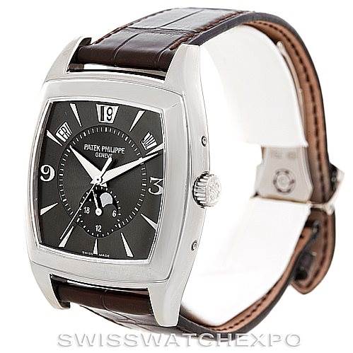 The image shows a Patek Philippe 5135G Men's White Gold Black Dial 5135G Men's White Gold Black Dial Annual Calendar Men's Watch, model 5135G, angled to display the face, bezel, and leather strap.