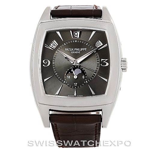 The image shows a front view of the Patek Philippe 5135G Men's White Gold Black Dial 5135G Men's White Gold Black Dial Complicated Annual Calendar Mens Watch 5135G with a clear view of the dial and case.