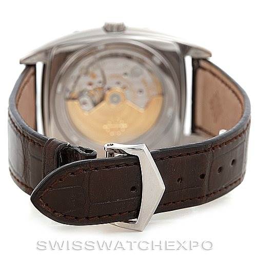 The image shows the back view of the Patek Philippe 5135G Men's White Gold Black Dial 5135G Men's White Gold Black Dial Complicated Annual Calendar Men's Watch 5135G, focusing on the buckle and leather strap.