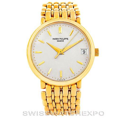 This Patek Philippe Calatrava 3998 Men's Yellow Gold Silver Dial 3998 Men's Yellow Gold Silver Dial watch is shown from a front angle, displaying the dial, hands, date window, and bracelet.