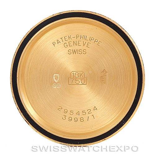 This image shows the inner case back of a Patek Philippe Calatrava 3998 Men's Yellow Gold Silver Dial 3998 Men's Yellow Gold Silver Dial watch with engraving details.
