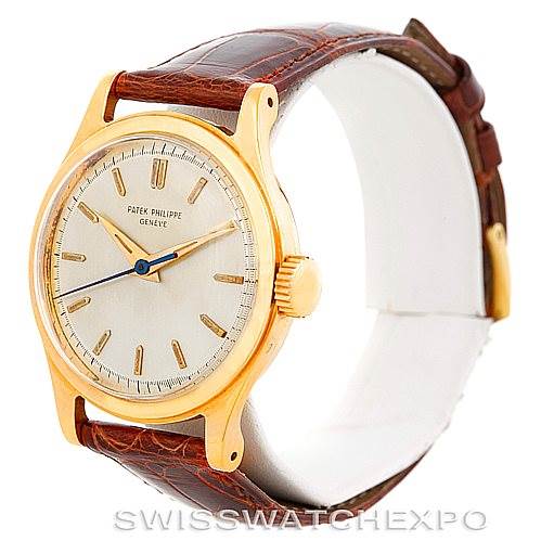 The image shows a side and front view of the Patek Philippe Vintage watch, highlighting its golden case and brown leather strap.