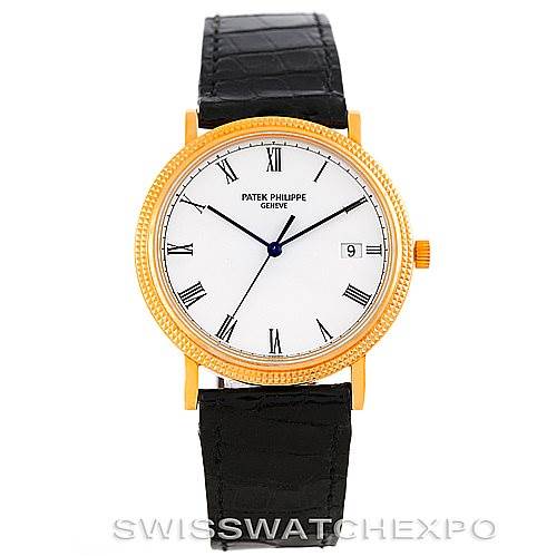 The image shows a front-facing angle of a Patek Philippe Calatrava 3944 Men's Yellow Gold White Dial 3944 Men's Yellow Gold White Dial watch with a gold case, white dial, and black leather strap.