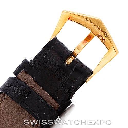 This image shows the buckle and straps of a Patek Philippe Calatrava 3520 Men's Yellow Gold White Dial 3520 Men's Yellow Gold White Dial watch at an angled close-up view.