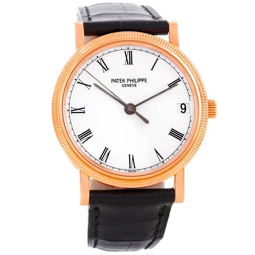 This image shows a frontal view of a Patek Philippe Calatrava 3802 Men's Rose Gold White Dial 3802 Men's Rose Gold White Dial watch, featuring a white dial with Roman numerals and a black leather strap.