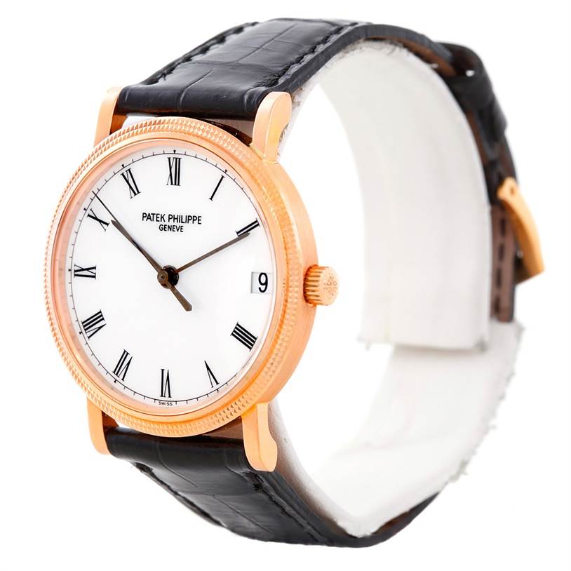 The image shows a side-front angle of the Patek Philippe Calatrava 3802 Men's Rose Gold White Dial 3802 Men's Rose Gold White Dial watch, highlighting the dial, hands, crown, and leather strap.