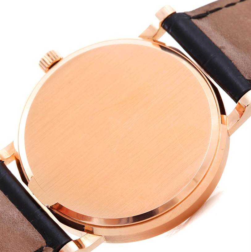 The image shows the back case and straps of a Calatrava model watch by Patek Philippe, viewed from the rear.