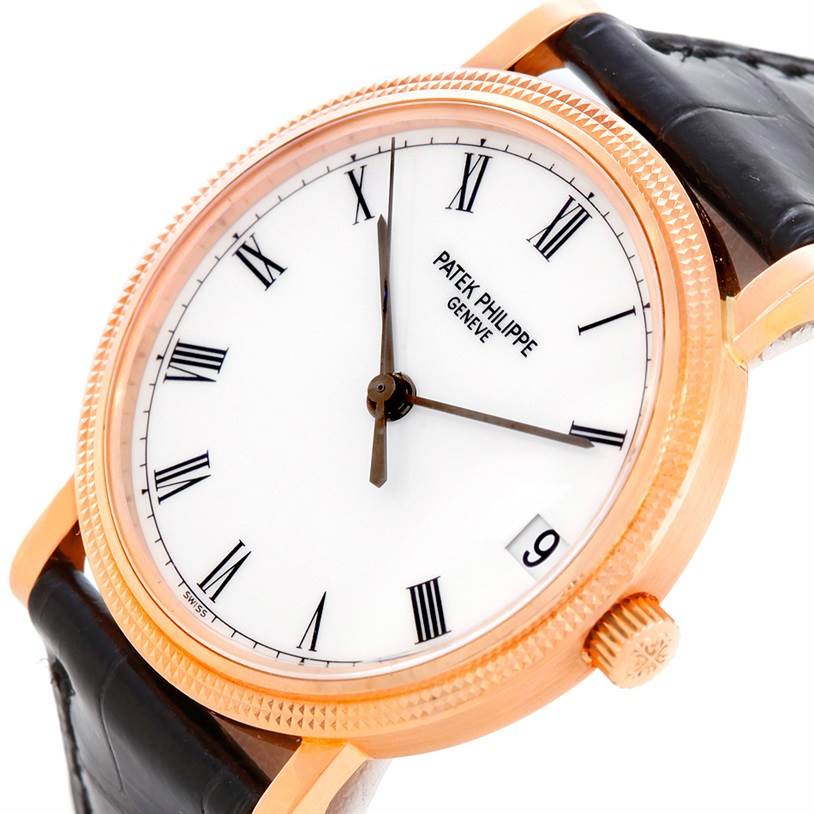 This image shows a close-up, angled view of the dial, bezel, case, and part of the strap of a Patek Philippe Calatrava 3802 Men's Rose Gold White Dial 3802 Men's Rose Gold White Dial watch.