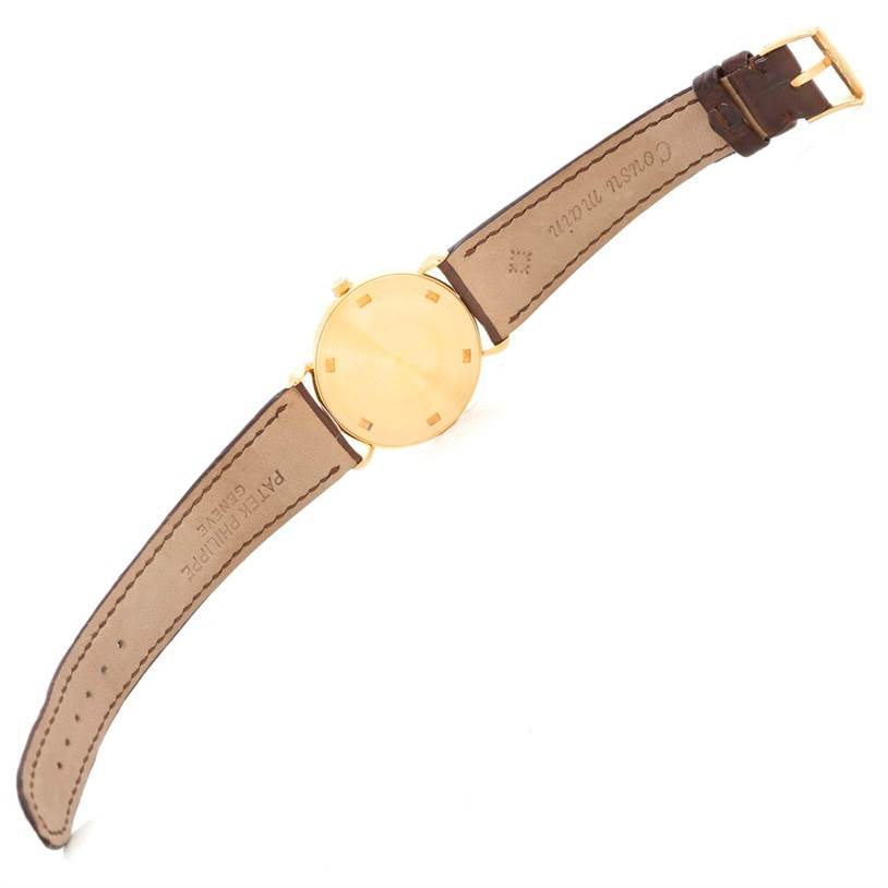 The image shows a Patek Philippe Vintage watch, featuring the back view of the watch case and both sides of the leather strap.